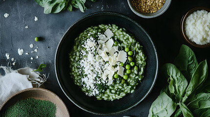 green risotto made with spinach, peas, and a sprinkle of plant-based cheese 