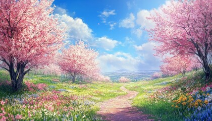 Serene Pathway Through Blooming Cherry Blossom Trees in Spring