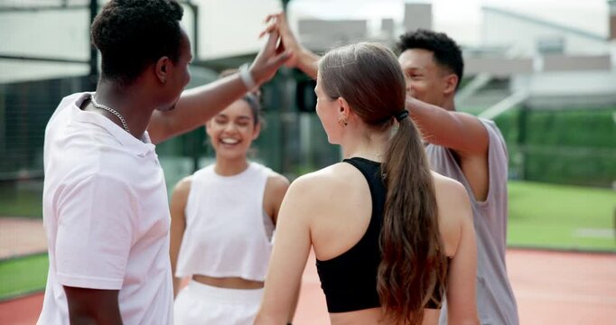 Happy people, team and tennis court with high five for winning, sportsmanship or good match. Active, group or players with smile or touch for great game, thank you or playing doubles together on turf