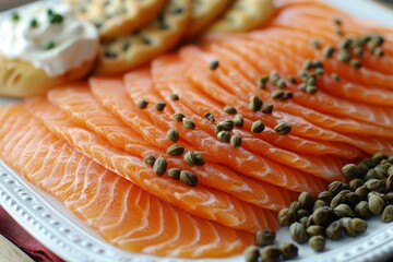 Slices of fresh salmon arranged on a platter with capers and bread for a gourmet meal