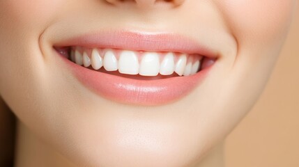 Obraz premium Capturing a perfect smile with dazzling white teeth and beautiful pink lips, highlighting the importance of oral hygiene, cosmetology, and comprehensive dental care