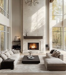 Modern Luxury Living Room with Cozy Fireplace Elegant Furnishings and Natural Light