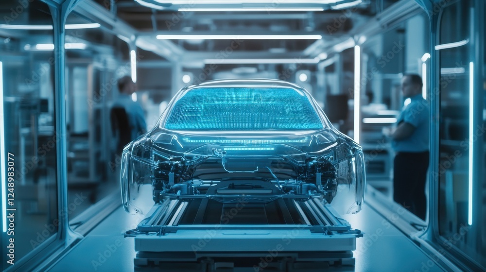 Aufkleber advanced automobile design showcased in a high tech laboratory. engineers analyze a transparent car 