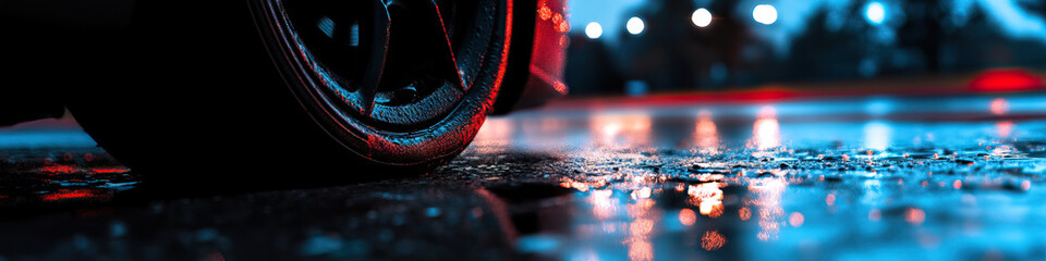 Car Tire and Wet Asphalt at Night with City Lights Reflections