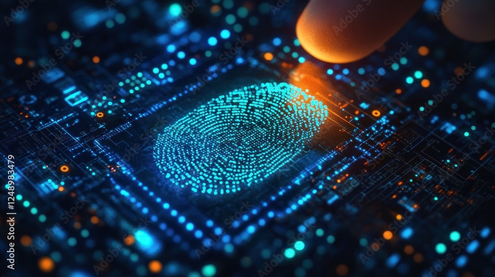 Poster futuristic digital fingerprint biometric identification system with neon lights and circuit backgrou