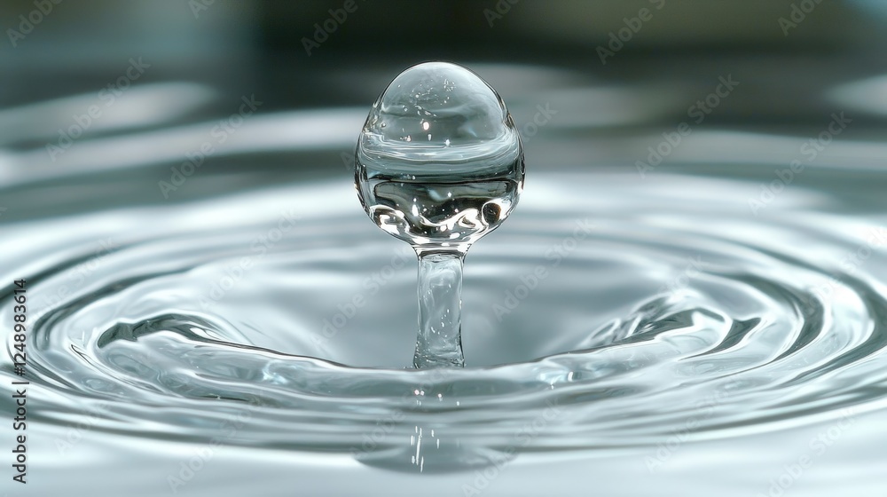 Poster drop of water falls into calm surface creating ripples and splashes in a serene environment captured