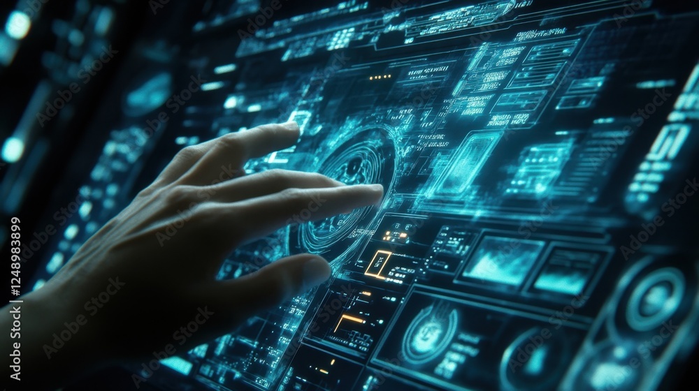 Poster hand interacting with a high tech digital interface, showcasing futuristic technology and data analy