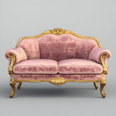 Antique pink velvet sofa with a golden frame, viewed at an angle of 30 degrees