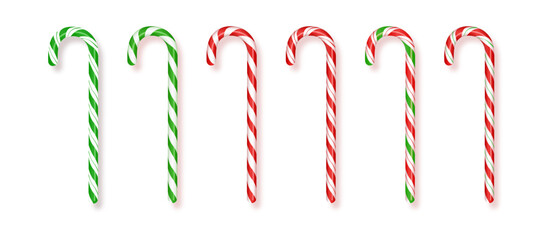 Set of realistic Christmas candy canes. Realistic Xmas candy cane Vector illustration. Top view icon. Greeting card template for Christmas and New Year