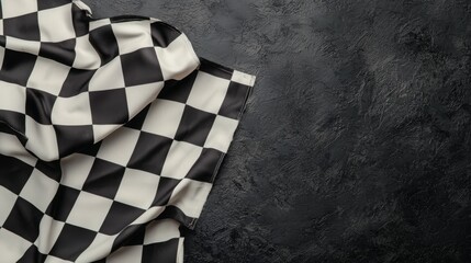 Black and white checkered racing flag on dark background. Symbol of motorsport victory and finish line