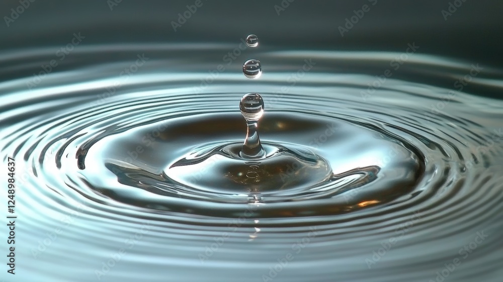 Aufkleber water drop falling into calm surface creating ripples and waves in clear reflective pool capturing n