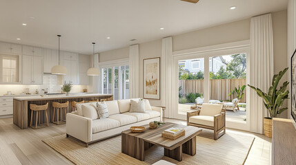 Farmhouse-inspired living room interior with natural light, rustic wooden accents, white furniture, cozy textiles, and Scandinavian design elements for modern home decor inspiration.

