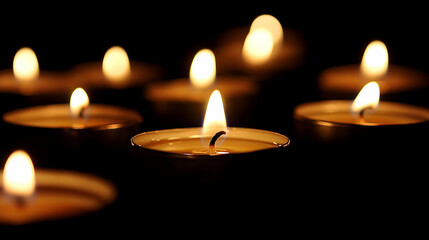 Closeup of burning tea light candles