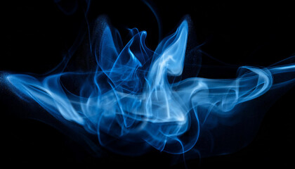 Swirling mist of blue particles on black backdrop, bold dramatic effect. Smoke in motion