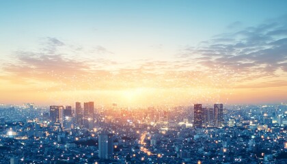 Fototapeta premium Cityscape at Dusk, Illuminated by Network Connections, Innovation and Technology Concept