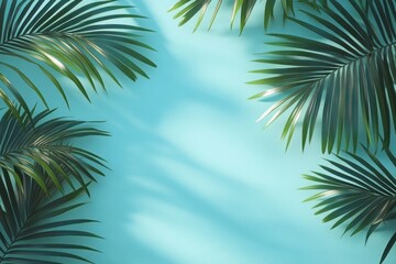 Palm Leaves on Soft Teal Background Minimalist Summer Composition with Natural Sunlight