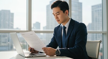Business Professional Analyzing Documents in Modern Office Setup with Cityscape Background