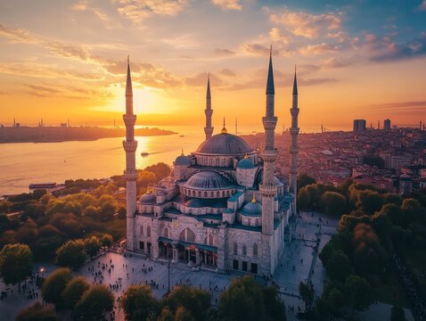 Sunset aerial view of Istanbul's Blue Mosque, cityscape background, tourism