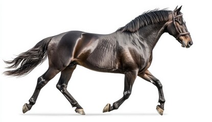 Majestic black horse in graceful trot against white background