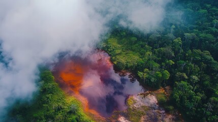 A charred landscape enveloped in thick smoke, revealing a small, untouched patch of land amidst the devastation.