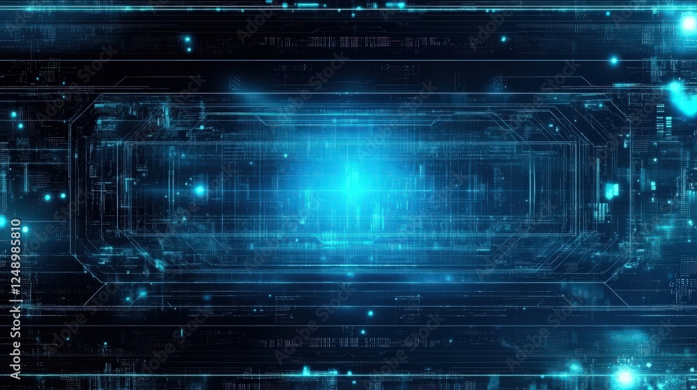 Poster futuristic blue background with glowing digital patterns and abstract elements