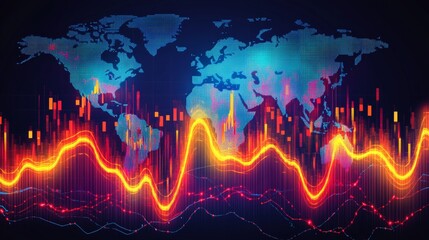 Global Market Trends Abstract Vector Art of Financial Data, Candlesticks, Charts, and World Map