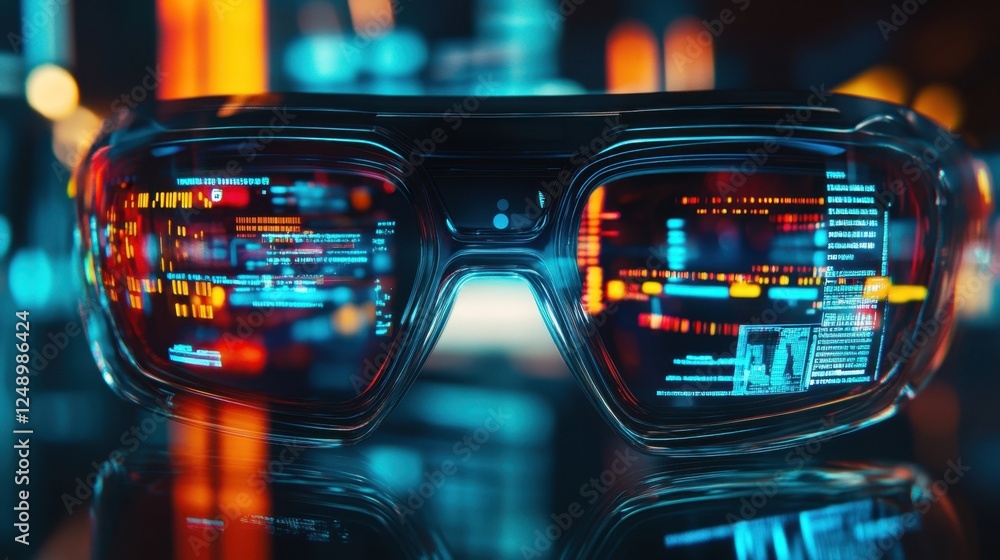 Poster high tech smart glasses showcasing vibrant digital interfaces and data streams. the scene highlights