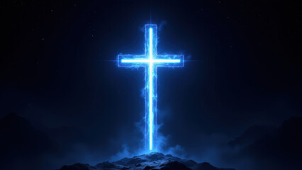 Fototapeta premium Spectacular illuminated cross on a mountain under starlit sky.
