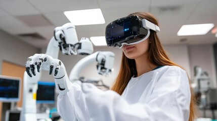 Innovative robotics demonstration with virtual reality technology lab digital art modern environment close-up view futuristic concepts