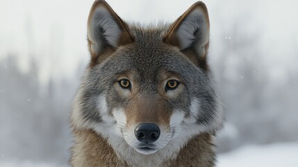 Wolf portrait, snowy forest background, winter wildlife