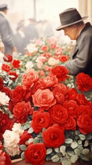 Man in hat among vibrant roses at bustling flower market