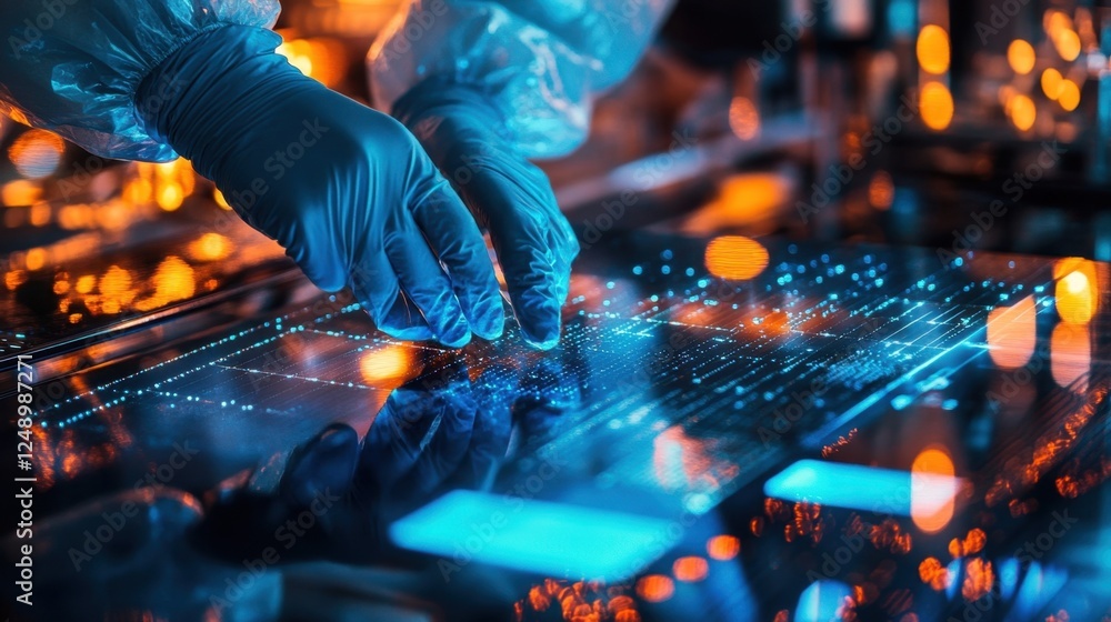 Poster gloved hands interact with a glowing digital interface. representing advanced scientific research an