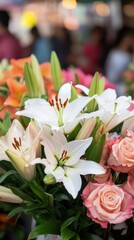 Vibrant lily and rose bouquet in bloom at lively market setting