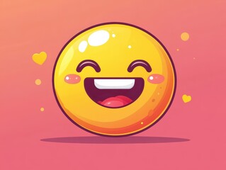 Obraz premium Cheerful yellow smiling face emoji in vibrant vector art style with pink background and decorative elements conveying joy and happiness