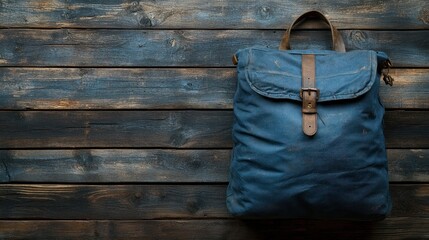 Blue Canvas Backpack on Wooden Surface