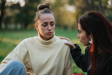 A heartfelt moment between two friends outdoors, with one consoling the other during a difficult...