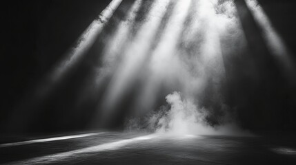 Dramatic Foggy Stage with Rising Smoke Creating a Mystical Atmosphere Ideal for Performances and Artistic Presentations