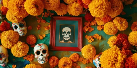 A colorful composition of marigolds and sugar skulls arranged around a framed photo