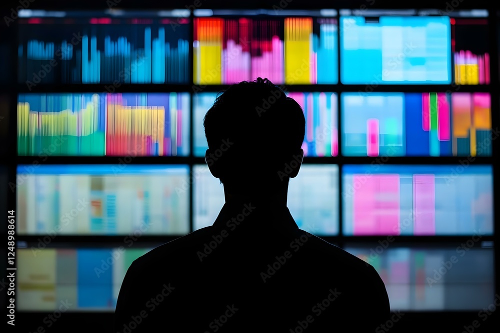 Poster a person silhouetted against colorful data visualizations and screens, likely in a tech or financial