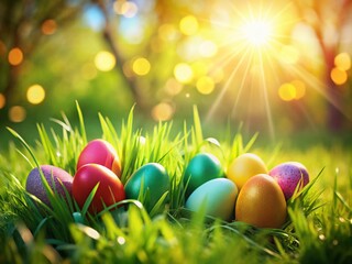 Colorful Easter Eggs Nestled in Spring Grass with Copy Space - Festive Holiday Background