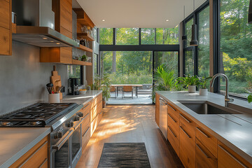 Photographie immobilière d'une cuisine moderne haut de gamme avec grandes fenêtres et électroménagers en acier inoxydable, HDR, 3D, design, tendance, architecte