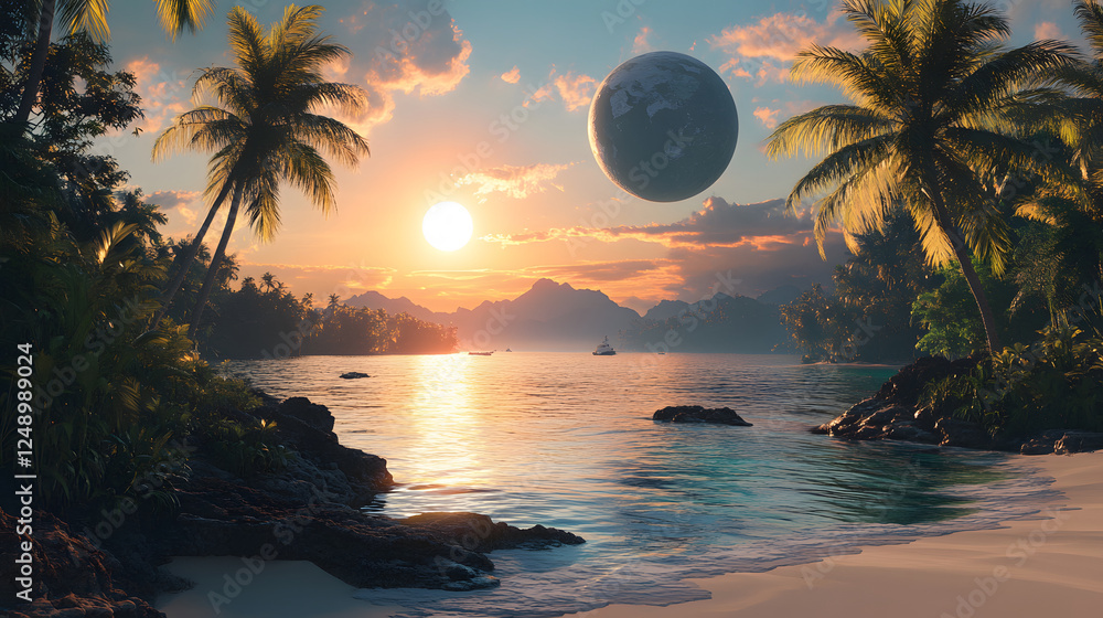 Poster a serene beach scene features palm trees, a sunset glow, and a mysterious planet hovering above the 