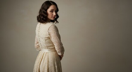 Fototapeta premium Elegant Portrait of Woman in Vintage Lace Dress, Perfect for Fashion and Lifestyle Themes