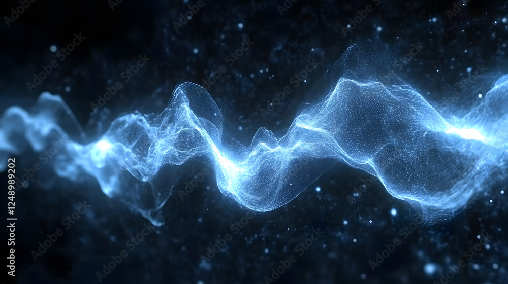 Poster a mesmerizing wave of blue light flows through a dark space, resembling energy or sound waves with a