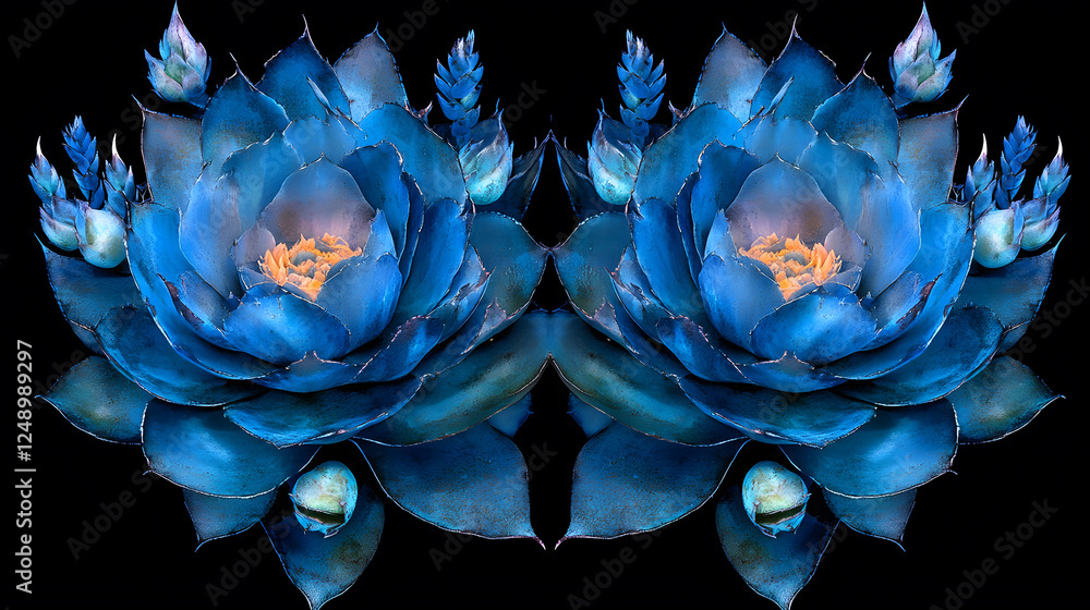 Poster two vibrant blue flowers with intricate petals and a dark background create a striking symmetrical v