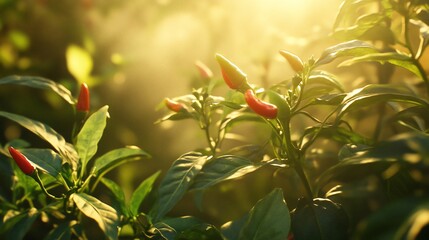Sunlit chili peppers growing in garden, sunrise haze