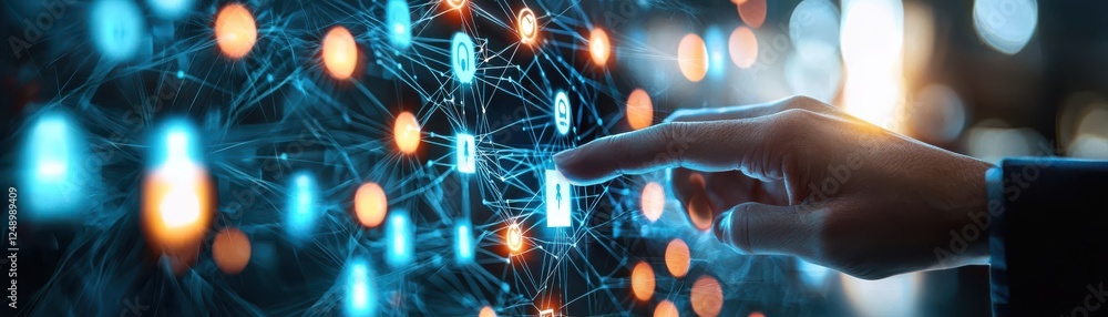 Aufkleber hand interacting with digital network, showcasing technology and connectivity. image highlights impo