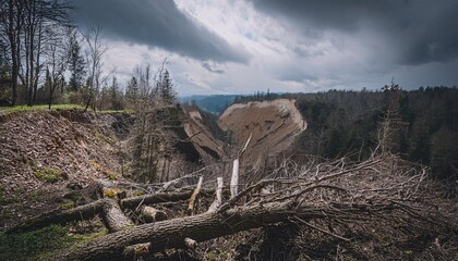 Fototapeta premium Rainy and Dark Atmosphere with a Tree Collapsed Near a Cliff