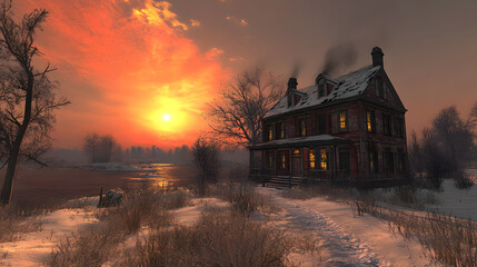 Fototapeta premium A solitary house stands against a vivid sunset, surrounded by snow and barren trees, creating a haunting yet beautiful landscape