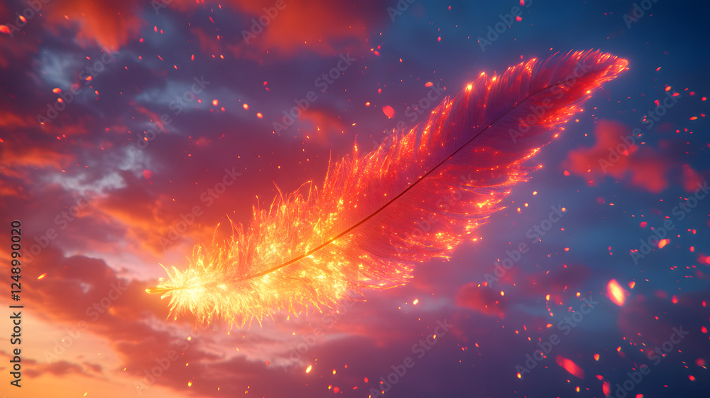 Poster a vibrant feather-shaped light glows against a colorful sunset, surrounded by sparkling particles, c
